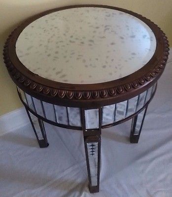 Distressed Round Mirror Glass Accent End Table