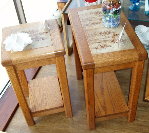 Vintage Solid Oak End Tables with Matching Tile Tops Accent