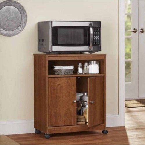 Brown Mobile Microwave Cart Stand Kitchen Island Wood
