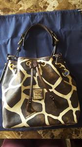 Dooney & Bourke Giraffe Print Brown Leather Drawstring Bucket Handbag (Lewiston