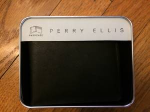 Brand new Perry Ellis black leather wallet, in metal tin (Burlington)