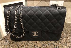 Authentic Chanel Caviar Quilted Jumbo Double Flap Black Handbag w/Clea ((Or Best