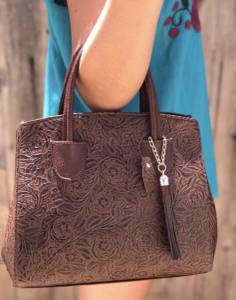 Hand tooled tote brown leather mexican purse bag (San Diego)