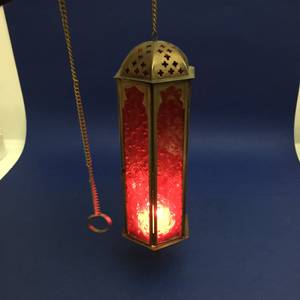 Beautiful Moroccan Styled Hex Red Glass & Brass Outdoor Candle Holder (Kent)