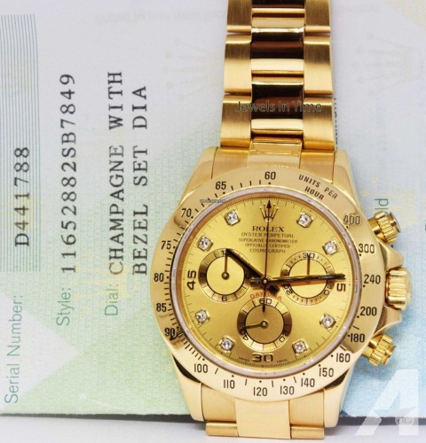 Rolex Daytona 18k Gold Diamond Dial Chronograph Watch Box/Papers D 116528