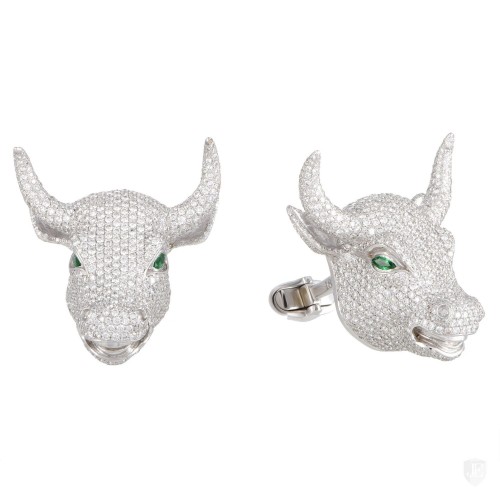 Jacob & Co Jacob & Co. 18K White Gold Full Diamond Pave and Emerald Bull Head