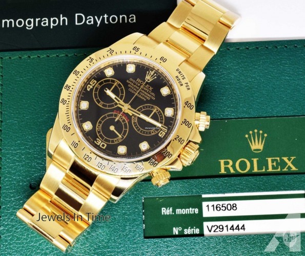Rolex Daytona 18k Gold Black Diamond Dial Chronograph Watch Box/Papers 116508