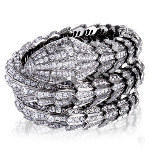 Bvlgari Bvlgari Serpenti 18K White Gold Full Diamond Pave Large Bangle Bracelet