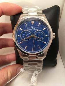 Brand new Lucien Piccard blue face watch, silver band, in box!