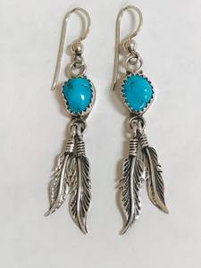 Sterling Silver Turquoise Dangling Feather Earrings -