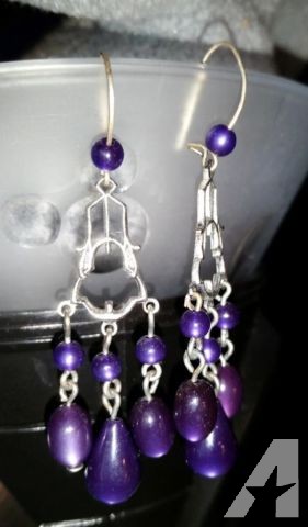 Vintage Costume Jewelry Earrings Dangle Pierced Wires Silver & Purple