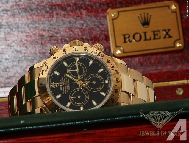 Rolex Daytona Chronograph 18k Yellow Gold Black Dial Mens Watch 116528 w/Box
