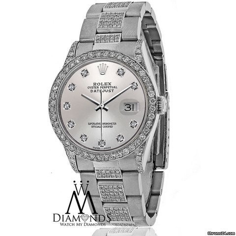 Rolex Watch- Datejust 16200 36mm - Silver Dial - Diamond Bezel, Lugs, Bracelet