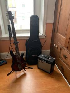 schecter diamond series 5 string bass with amp, bag, stand (Philadelphia)