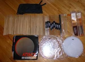 HUGE LOT of Drum Sticks, Drum Heads, Mallets, & Drum Bag - Percussion (Logan