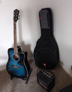 Accoustic Guitar & Case + Some Cables, Small AMP, some Pedals + MORE!