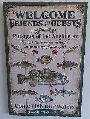 Welcome Friends & Guests Fishing Angling Art Wearthered Look