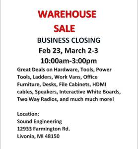 Huge Warehouse Sale Livonia MI (12933 Farmington Road Sound Engineering Livonia